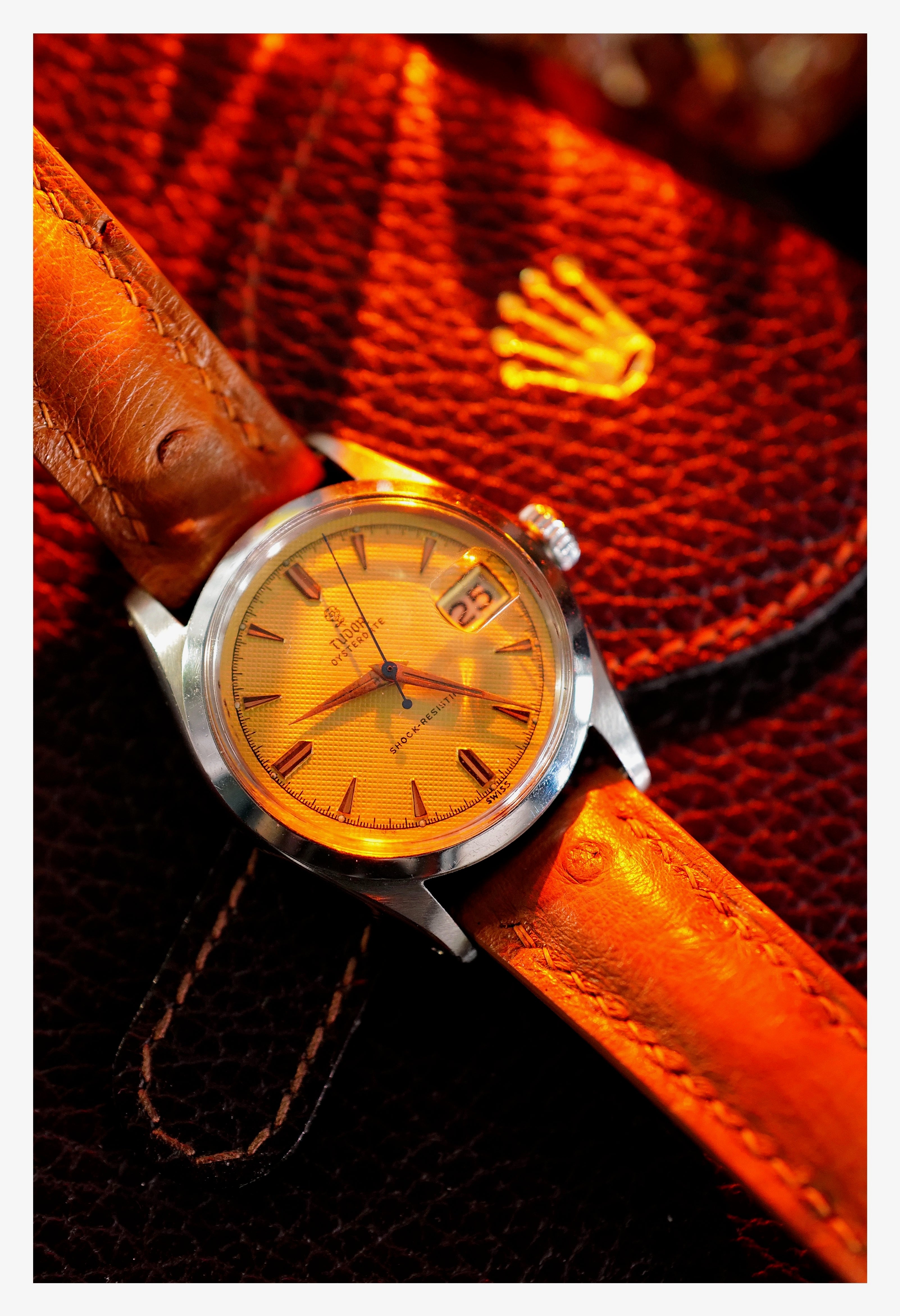 Vintage Tudor Oysterdate Textured Dial Rolex Case and Crown